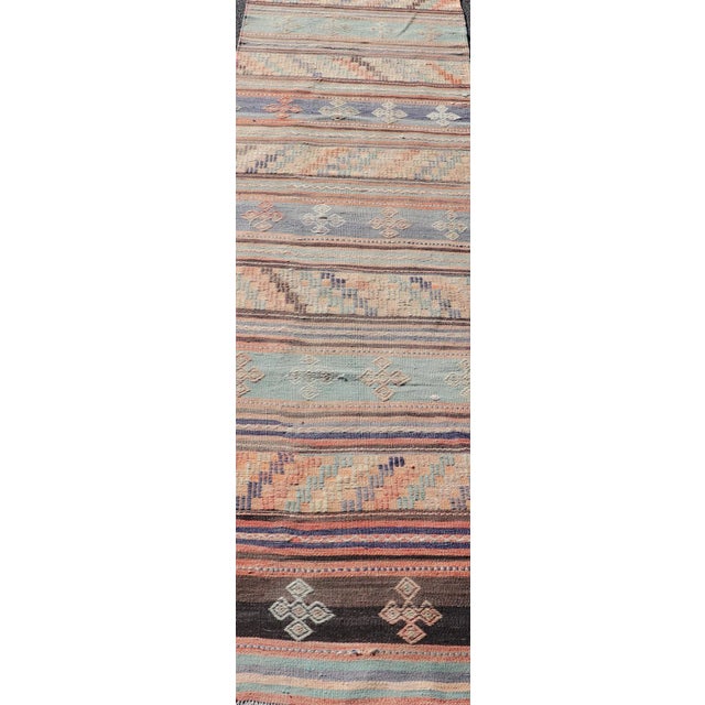Mid 20th Century Mid 20th Century Colorful Vintage Embroidered Kilim Runner With Stripe's and Geometric Motifs For Sale - Image 5 of 11