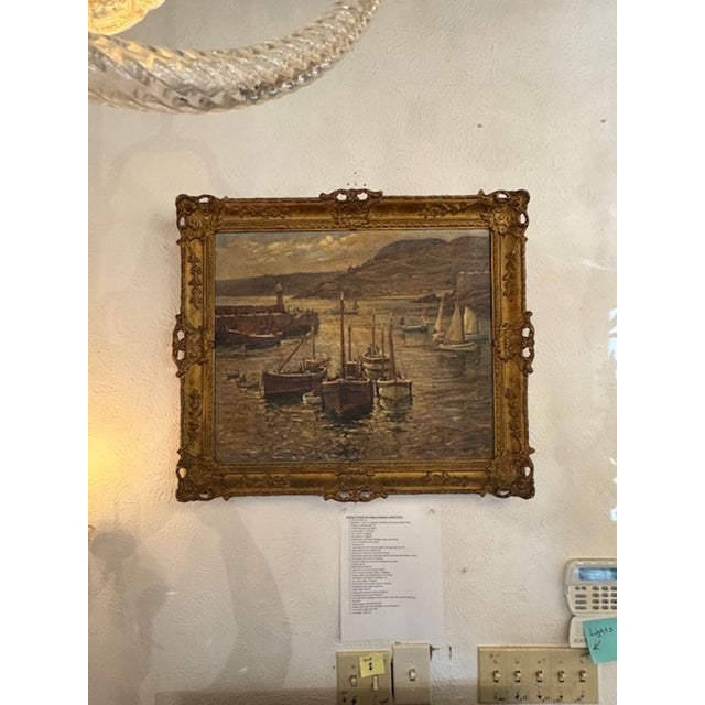 An oil painting on canvas from the 19th century, this artwork depicts a harbor scene in the Dutch style. The painting...
