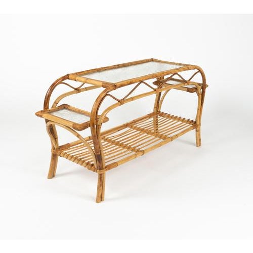 Mid-Century Modern Rattan and Frosted Glass Rectangular Side Table, Italy, 1970s For Sale - Image 8 of 18