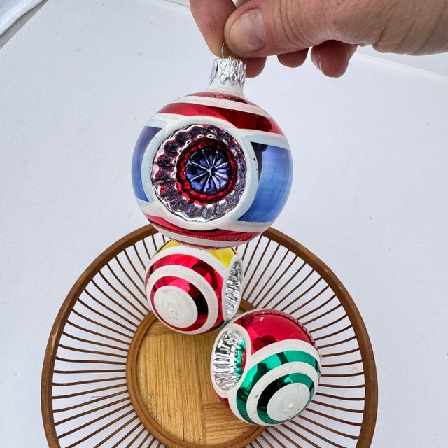 Red 1990s Kurt Adler Style Colorful Reflector Striped Ornaments- Set of Three For Sale - Image 8 of 9