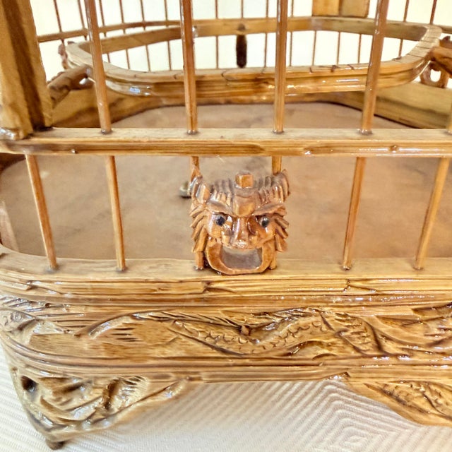1940s Vintage Chinese Bamboo Hexagon Songbird Cage With Porcelain Seed Cups For Sale - Image 5 of 8