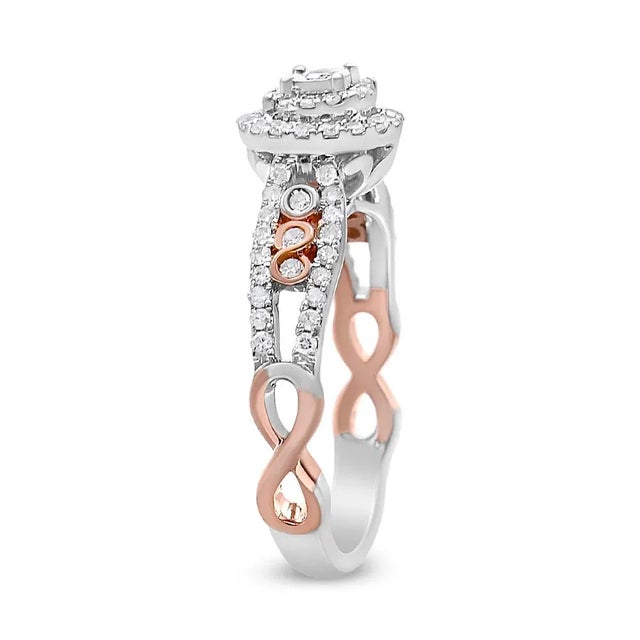 Contemporary 14K Rose Gold Plated .925 Sterling Silver 3/8 Cttw Round Diamond Double Frame Cross-Over Split Shank, Size 9 For Sale - Image 3 of 6
