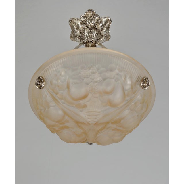 1920s Muller Freres French Art Deco Pendant Chandelier 1920s - Peach Frosted Glass & Nickeled Bronze For Sale - Image 5 of 9