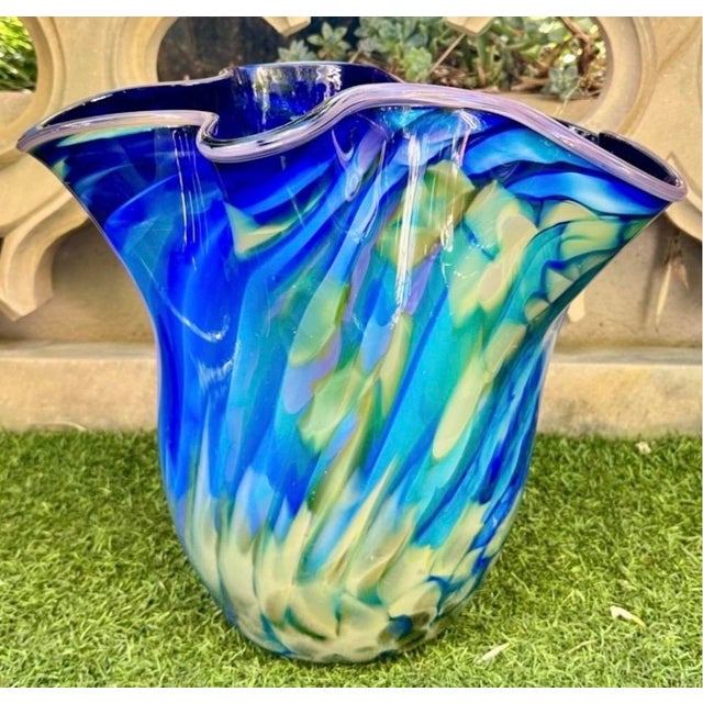 Large Blue Swirl Ruffled Handkerchief Art Glass Vase | Studio Glass Fazzoletto 15"h Artist Signed For Sale - Image 14 of 18