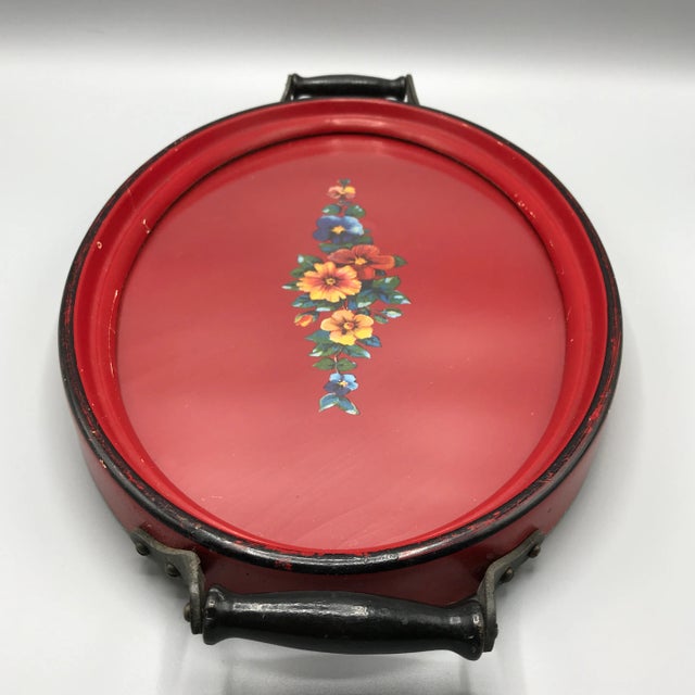 Traditional Painted Flowers on Red Paper Composite Glass Top Dresser Tray 1940's For Sale - Image 3 of 13