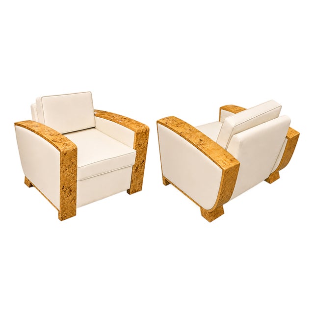 Art Deco Armchairs in Briar Root and Ivory Leather, 1950s, Set of 2 For Sale