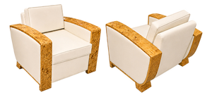 Art Deco Armchairs in Briar Root and Ivory Leather, 1950s, Set of 2
