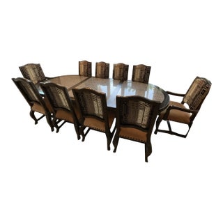 Reduced to Sell Custom Oval Dining Set Solid Wood and Natural Granite Inlay With 10 Handcrafted Chairs For Sale