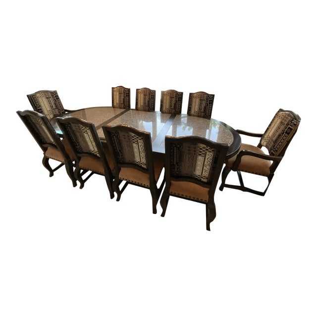 Reduced to Sell Custom Oval Dining Set Solid Wood and Natural Granite Inlay With 10 Handcrafted Chairs For Sale