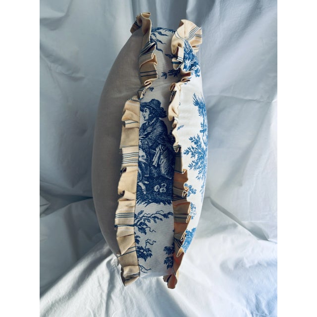 Shabby Chic Vintage Toile De Jouy Blue and White Gusseted Pillow With Pleated Ruffle For Sale - Image 3 of 7