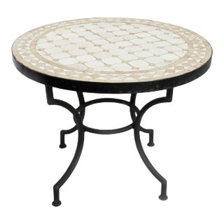 Outdoor Beige & White Round Mosaic Side Table For Sale