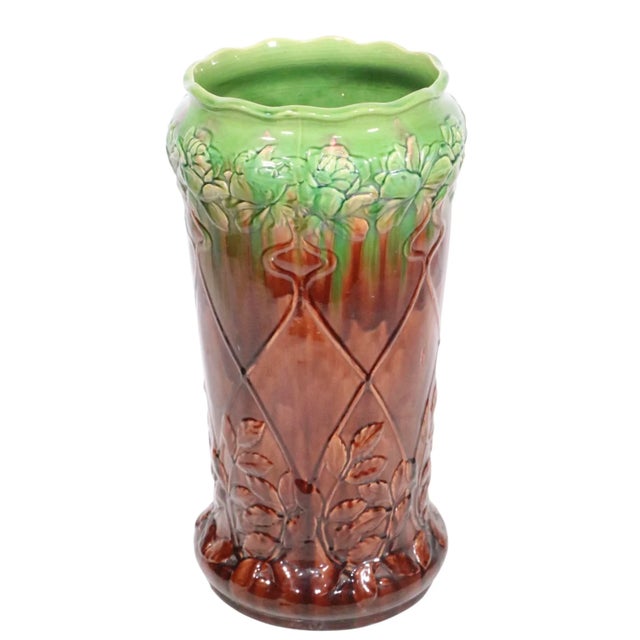 Roseville Pottery Antique Majolica Umbrella Cane Stand Att. To Roseville Pottery For Sale - Image 4 of 17