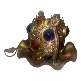Antique Pierced Brass Jeweled Fairy Lamp Table Lamp on Ruffled Tray Catalog Reference U-348 For Sale