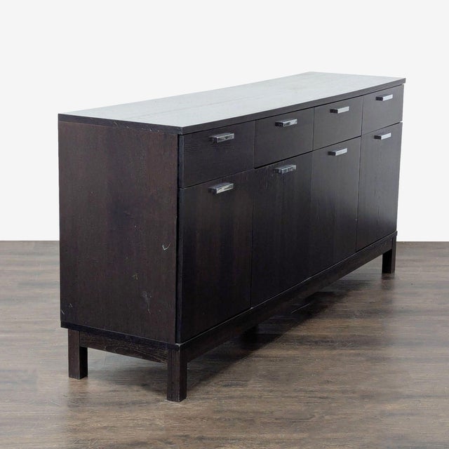 Modern Dark Wood Sideboard with 4 Drawers and 4 Cabinets. Dimensions (in): 71W x 18D x 34H.