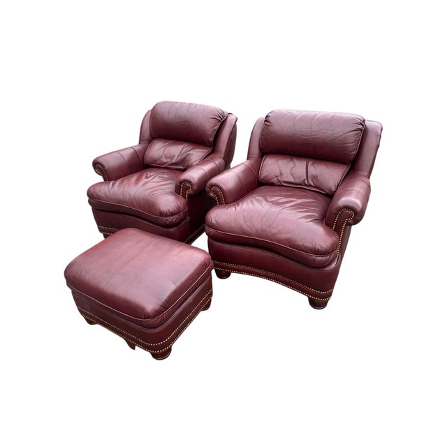 Hancock Moore Pair Austin High Back Lounge Chairs and 1 Ottoman Nailhead Trim For Sale - Image 11 of 18