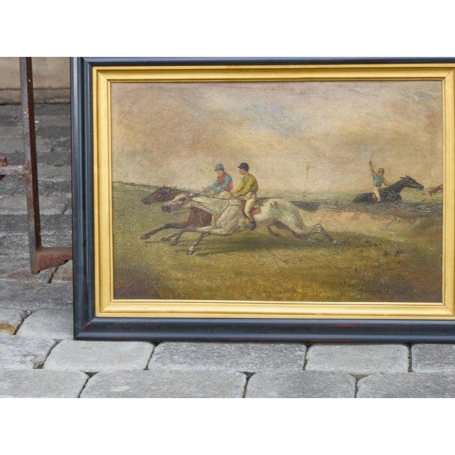 Mid 20th Century Pair of British Steeplechase Horse Racing Paintings on Board, Framed For Sale - Image 10 of 12