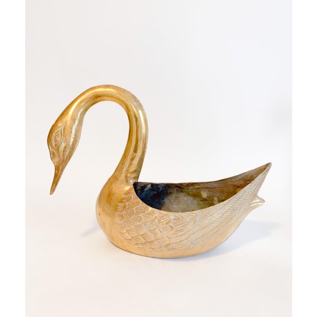 Art Nouveau Vintage Hollywood Regency Brass Swan Cachepot Planters - Trio For Sale - Image 3 of 9