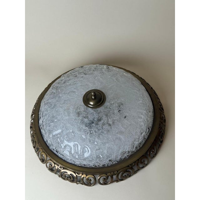 Metal Art Deco Ice Glass Plafonnier with Brass Frame, 1970s-1980s For Sale - Image 7 of 14