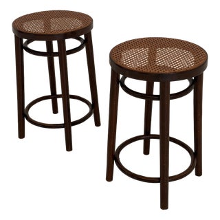 Vintage Stools in Wood and Vienna Straw, 1950s, Set of 2 For Sale