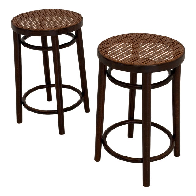 Vintage Stools in Wood and Vienna Straw, 1950s, Set of 2 For Sale