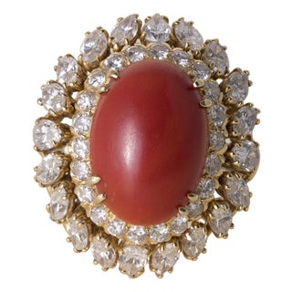 1970s David Webb Coral and 4.60 Carats Diamond 18k Gold Ring, Size 8 For Sale