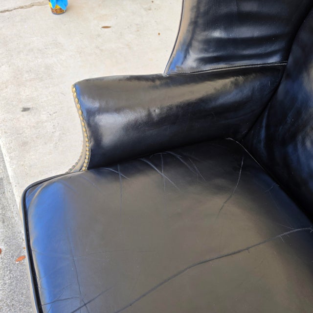 Classic Georgian Chippendale Black Leather Wingback Library Gentlemans Armchair For Sale - Image 14 of 16