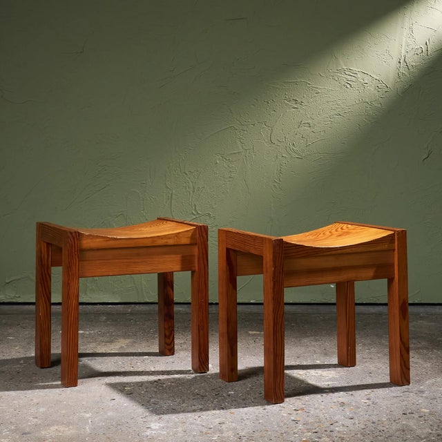 1970s Pine Stools with Curved Seats, France, Set of 2 For Sale - Image 5 of 12