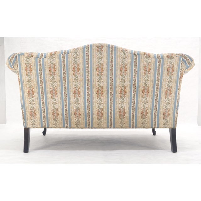 Pair of Camelback Loveseat Blue & White Striped & Floral Upholstery MINT! For Sale - Image 9 of 18