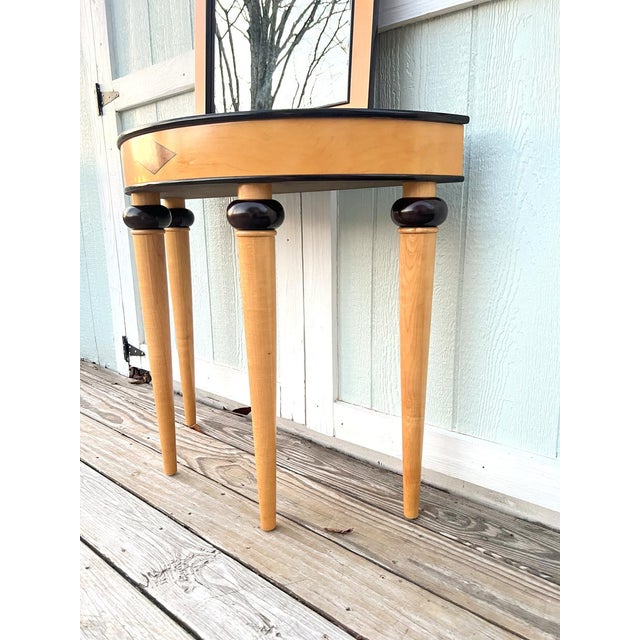 Wood 1990s Bombay Company Art Deco Style Maple & Mahogany Demilune Console Table With Mirror, Two Piece For Sale - Image 7 of 12