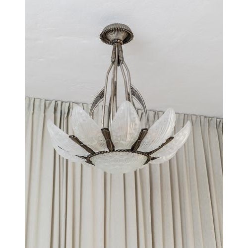 Art Deco Bronze and Glass Chandelier by Georges Leleu, France, 1930s For Sale - Image 13 of 18