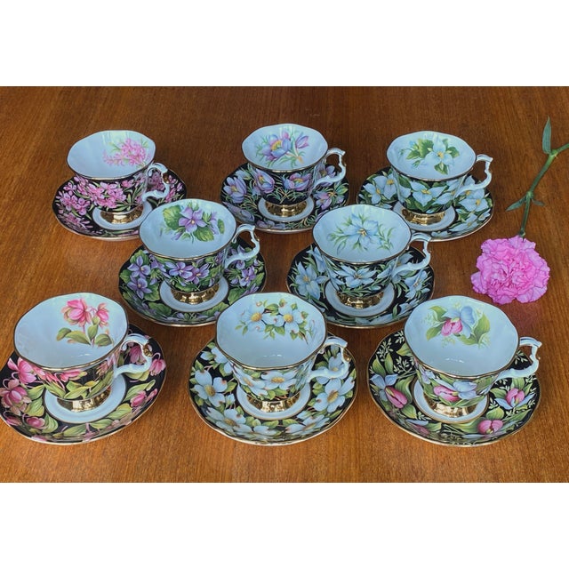 Black Vintage Tea Service for 8 in English Porcelain with Provincial Flowers Pattern from Royal Albert, England, 1975, Set of 16 For Sale - Image 8 of 8