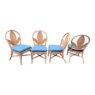 Vintage Coastal Boho Chic Pencil Reed Rattan Leaf Back Dining Chairs - Set of 4 For Sale