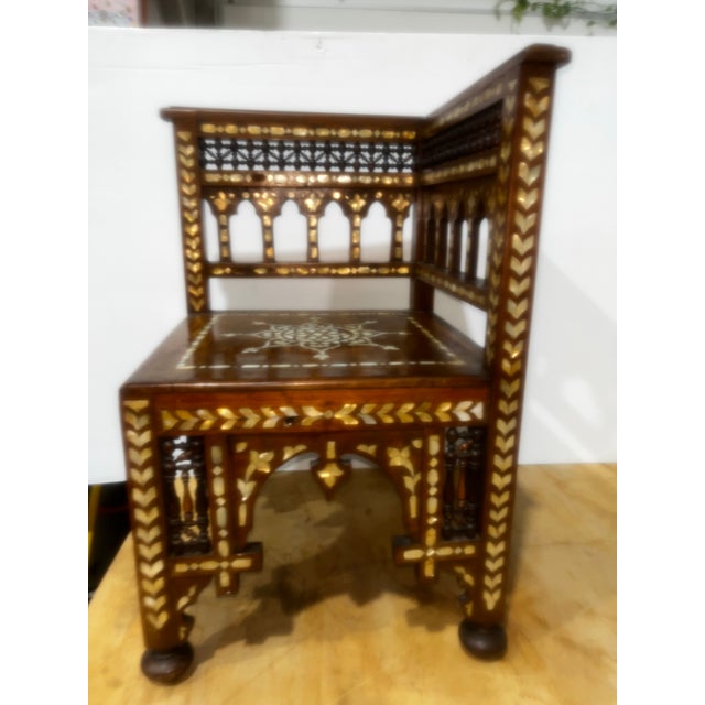 Islamic Antique Syrian Mother-of-Pearl Inlaid Corner Chair With Moorish Arches For Sale - Image 3 of 7