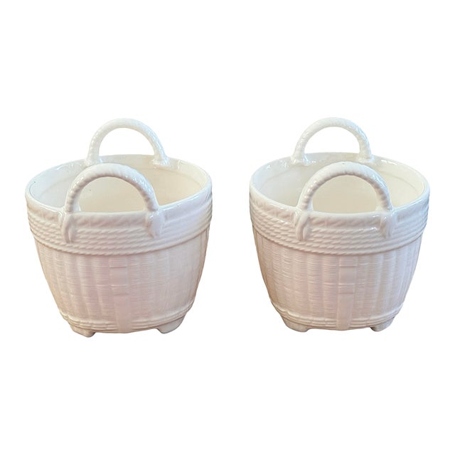Vintage Tiffany Porcelain Pair White Basket Cachepots For Sale
