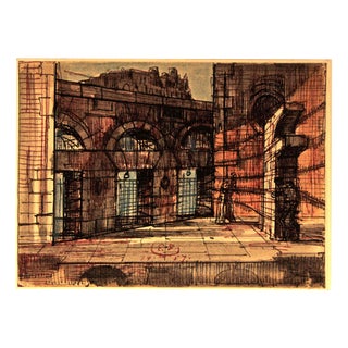 Eugene Berman, Roman District, Study for a Scenography, Mixed Media, 1957 For Sale