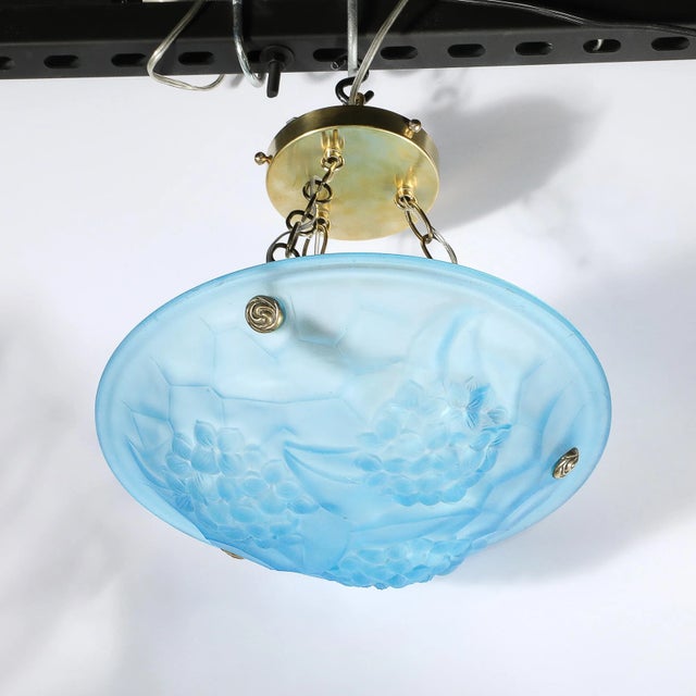 1930s Art Deco Frosted Blue Glass Chandelier W/ Brass Fittings Signed Roc by Degué For Sale - Image 5 of 12
