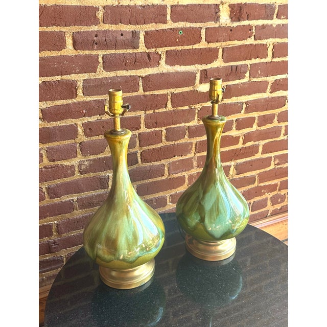Ceramic Pair of Mid Century Drip Glaze Pottery Lamps For Sale - Image 7 of 10