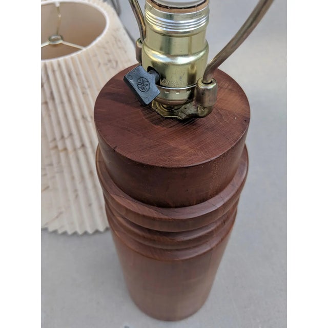 Brown 1960s Danish Modernist Turned Wood Table Lamp With Pleated Lampshade For Sale - Image 8 of 12