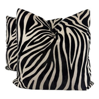 Zebra Velvet on Linen 22" Pillows-A Pair For Sale