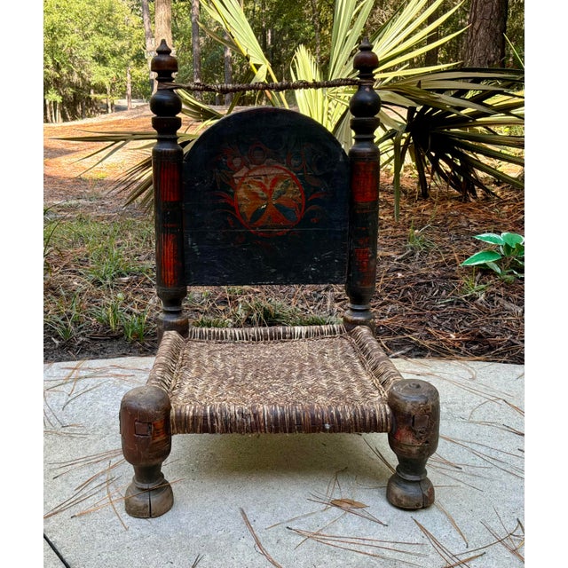 Antique Afghan / Nuristani Folk Art Chair, Hand-Painted Polychrome Wood & Woven Seat For Sale - Image 10 of 12