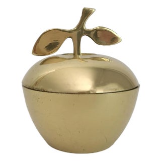 Vintage MCM Brass Apple Lidded Jar With Leaf Stem Handle For Sale