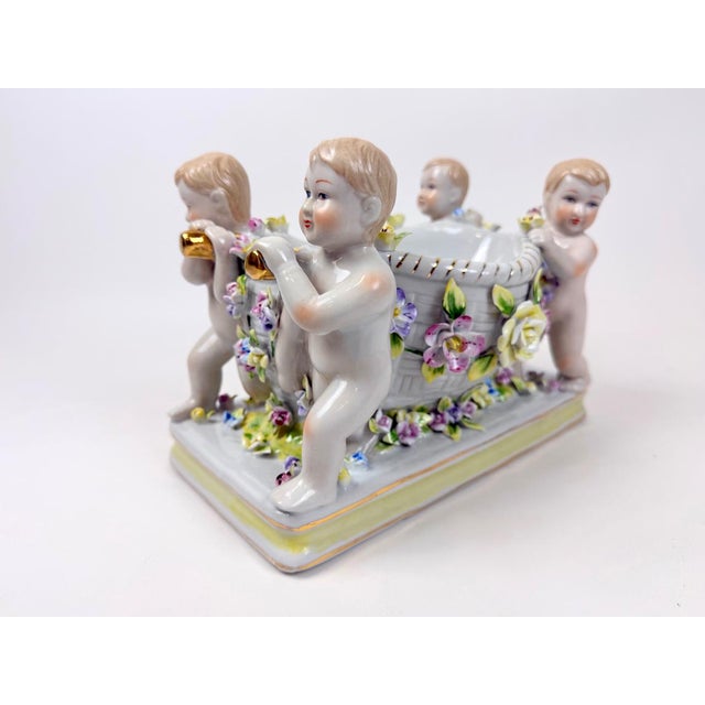 Baroque Antique 19th Century German Figural Porcelain Putti Basket or Jardiniere with Hand-Applied Flowers from Greiner & Sohne Rauenstein For Sale - Image 3 of 18