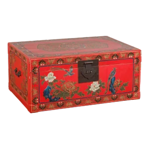 Mid 20th Century Red Lacquer Trunk with Flowers, Birds & Calligraphy Motifs