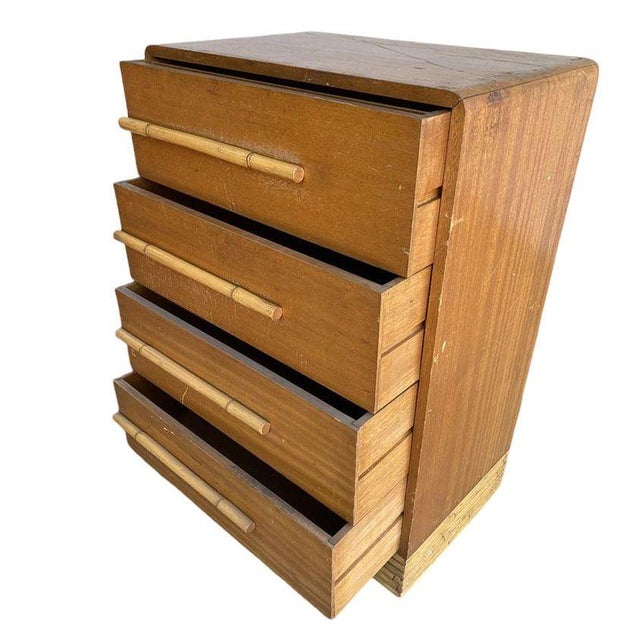 1950s 1950s Restored Mid-Century Waterfall Highboy Mahogany Dresser W/ Stacked Rattan Base For Sale - Image 5 of 8