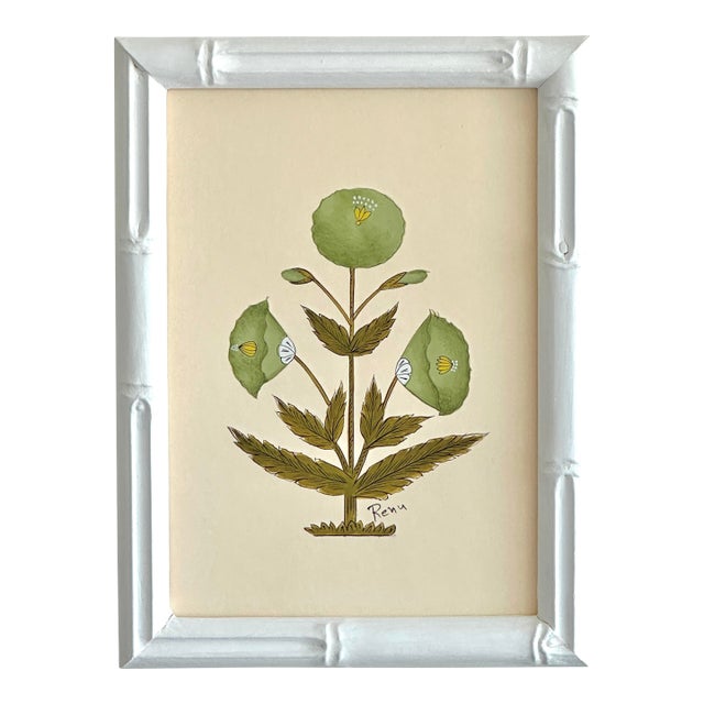 Hand-Painted Jaipuri Green Floral Motif Painting in Hand-Painted Frame For Sale