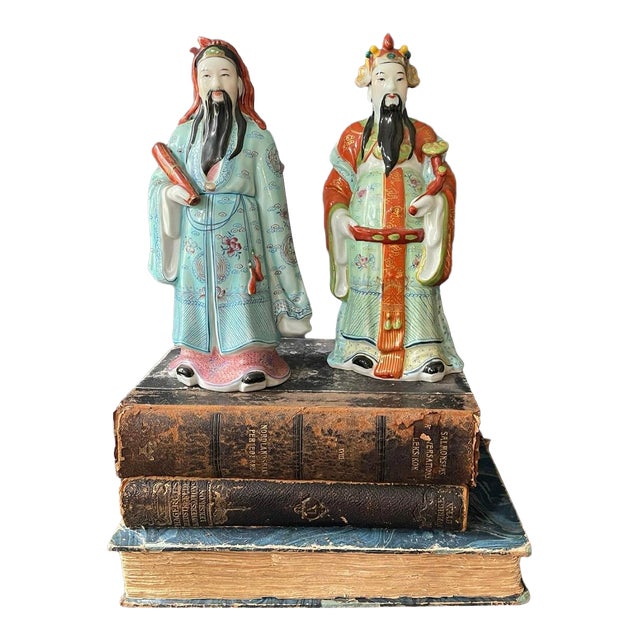 Pair of Vintage Asian Immortal Deities Ceramic 10” Statues For Sale
