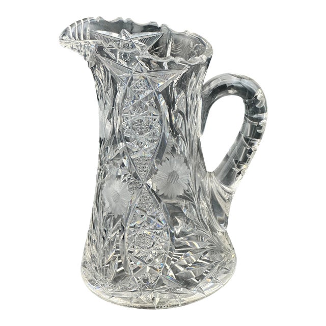 American Brilliant Period Cut Glass Water Pitcher – Deep Wheel Cut Hobstars & Fans – C. 1895–1915 For Sale
