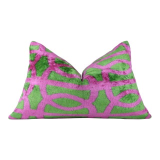 Handmade Pink & Green Ikat Velvet Throw Pillow – 16x24 Luxury Accent For Sale