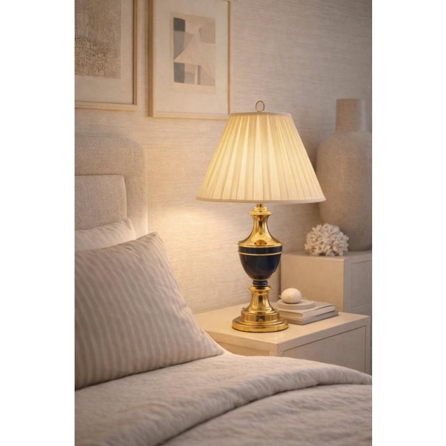 1970s Pair of Hollywood Regency Polished Brass Table Lamps With Navy Accents — Elaine R. Estate For Sale In Los Angeles - Image 6 of 6