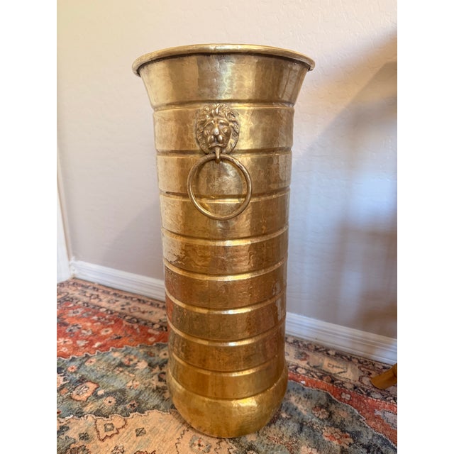 Brass Vintage Hammered Brass Lion Head Umbrella Stand For Sale - Image 8 of 8